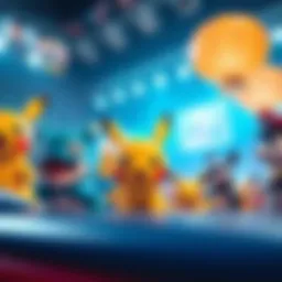 A vibrant illustration of various Pokémon characters engaging in a competitive atmosphere.